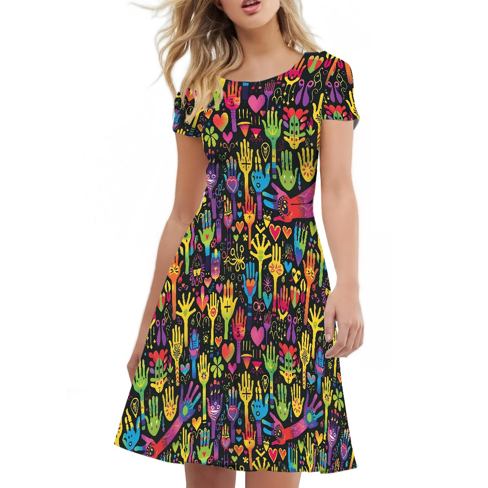 Women Scoop Neck Short Sleeve Ruffle Dress