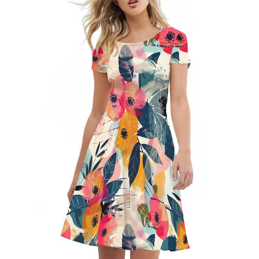 Women Scoop Neck Short Sleeve Ruffle Dress