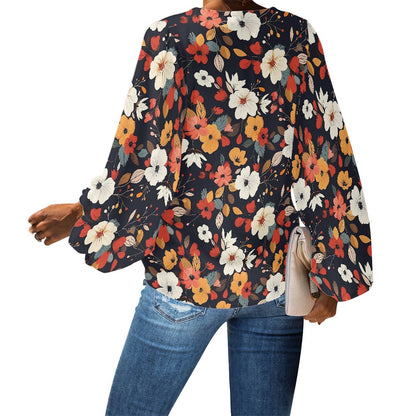 V-Neck Chiffon Puff Sleeve Blouse by Luxtrini
