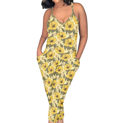 Yellow Hibiscus Rompers - Exclusive One-of-a-Kind Luxury Romper - Limited Edition, Ethically Made, and Stylishly Comfortable white