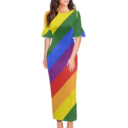 Rainbow Stylish Scoop Neck Ankle-Length Dress with Unique Ruffled Sleeves for Women