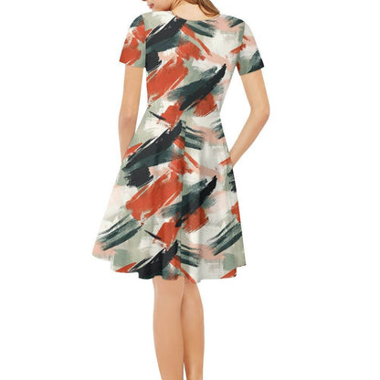 Abstract Painting Women V-Neck Short Sleeve Ruffle Dress