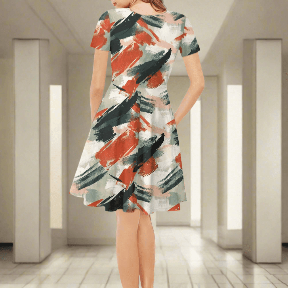 Abstract Painting Women V-Neck Short Sleeve Ruffle Dress