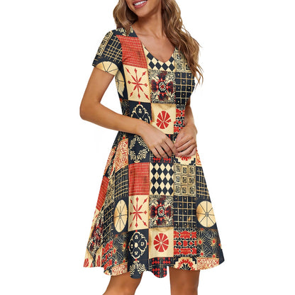 Women V-Neck Short Sleeve Ruffle Dress