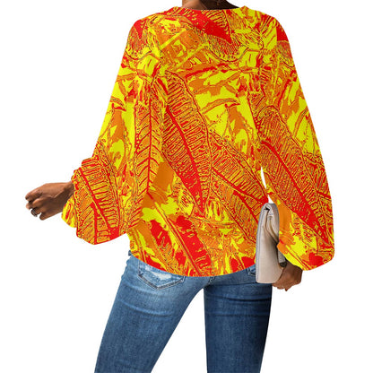 Vibrant Orange Croton V-Neck Chiffon Puff Sleeve Blouse by Luxtrini