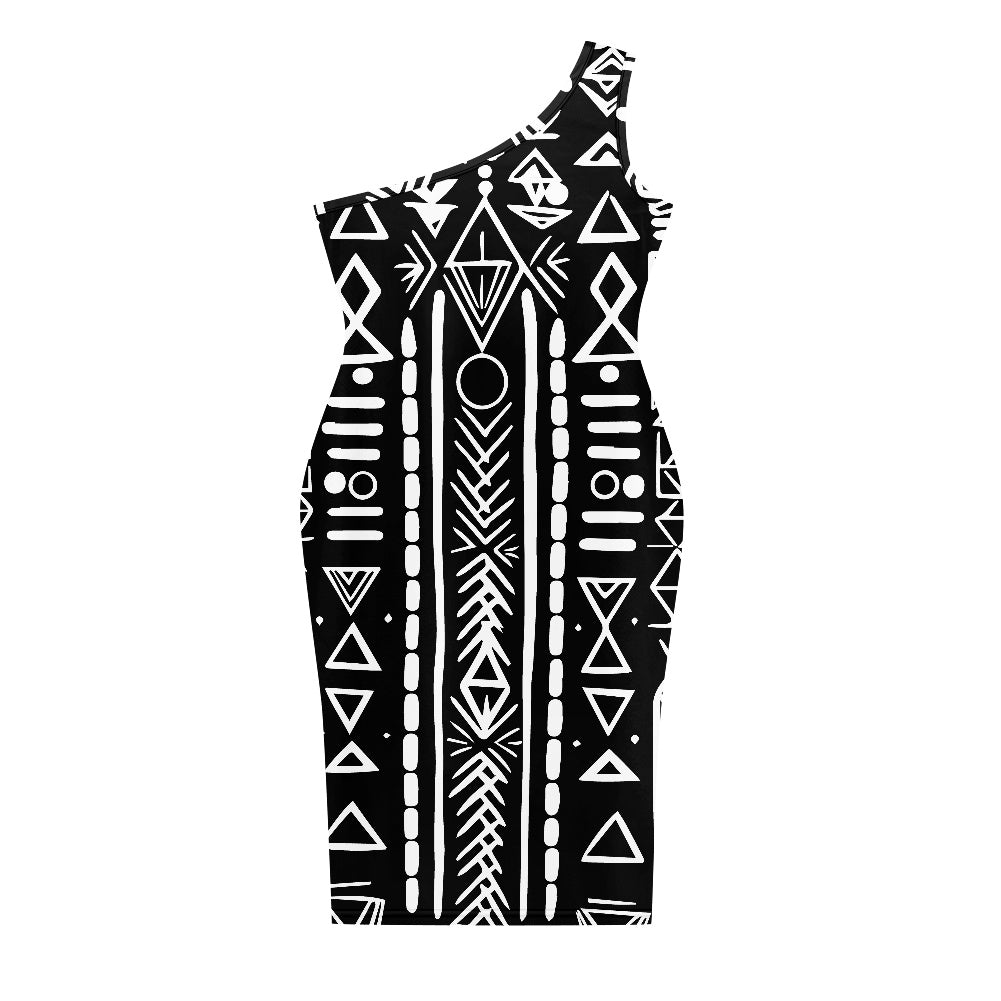 Discover Elegance: Luxtrini's One-Shoulder Slim Dress - B&W Ethnic