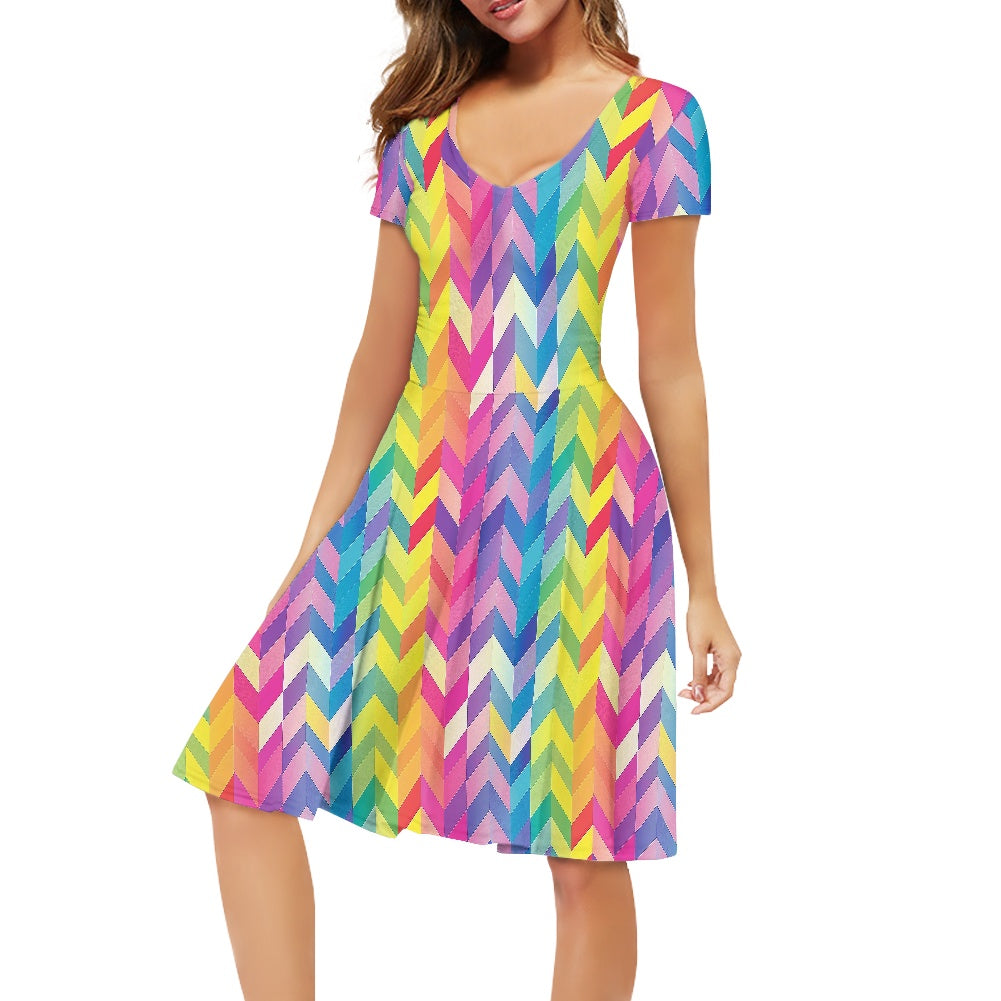 Women V-Neck Short Sleeve Ruffle Dress