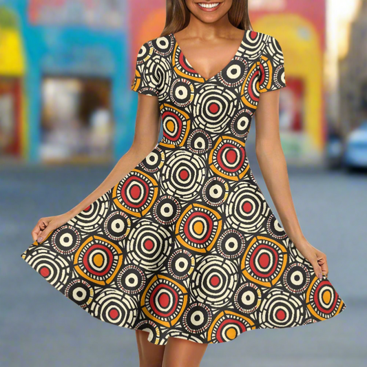 African Kente Pattern Women V-Neck Short Sleeve Ruffle Dress