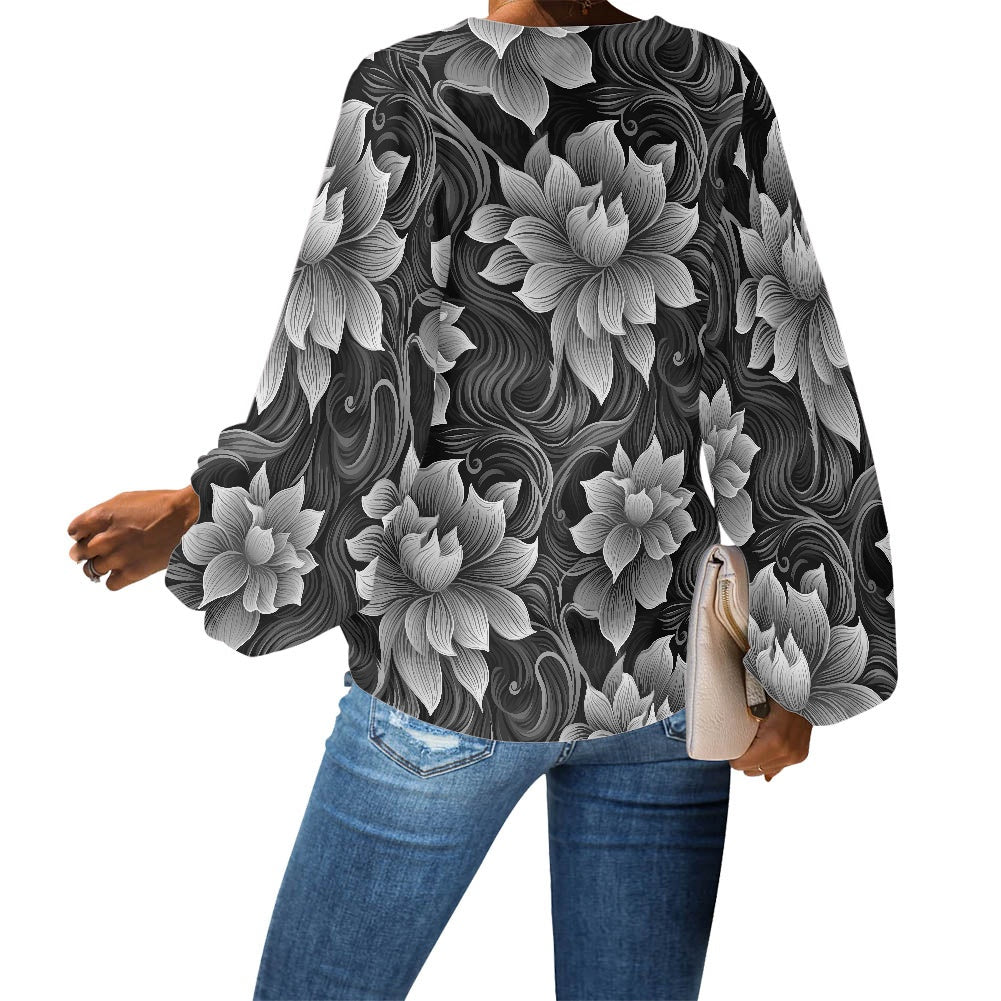 V-Neck Puff Sleeve Chiffon Blouse