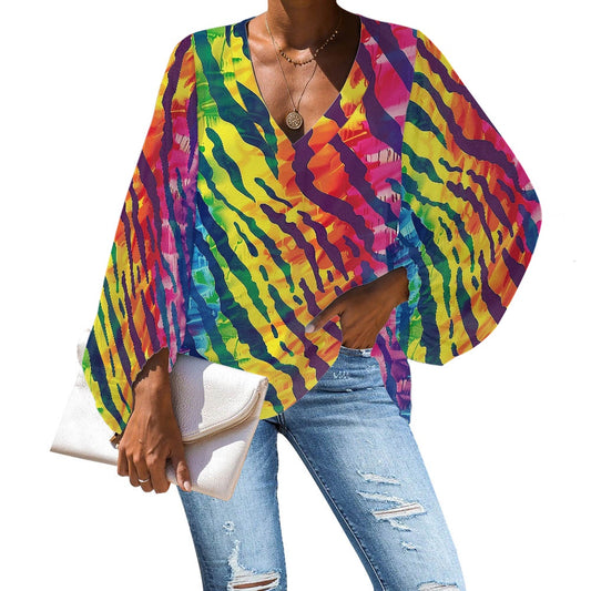V-Neck Chiffon Puff Sleeve Blouse by Luxtrini 4XL