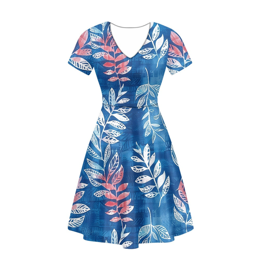 Blue Leaves Women V-Neck Short Sleeve Ruffle Dress white