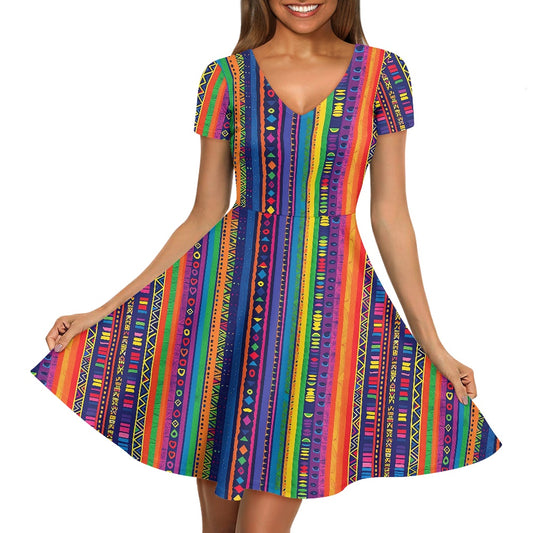 Navajo Southwestern Style Women V-Neck Short Sleeve Ruffle Dress
