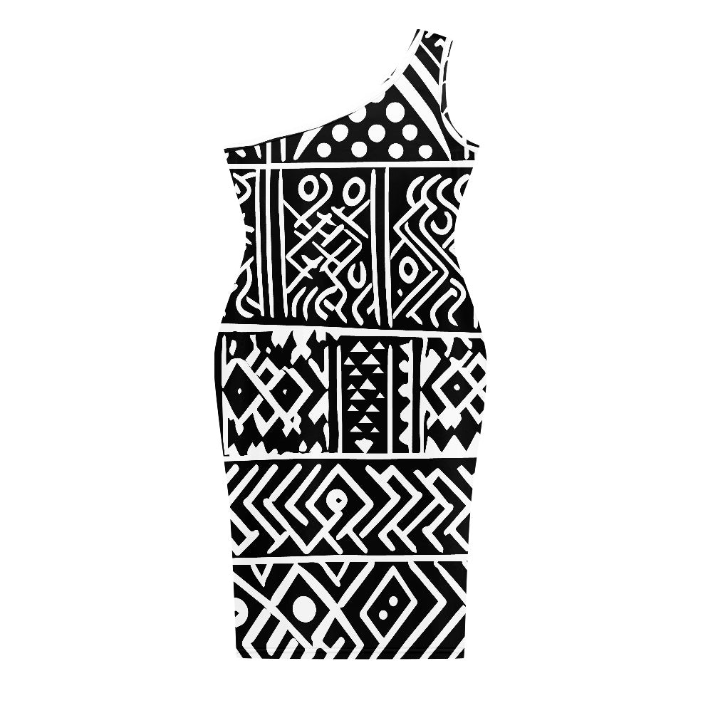 Discover Elegance: Luxtrini's One-Shoulder Slim Dress - B&W Ethnic