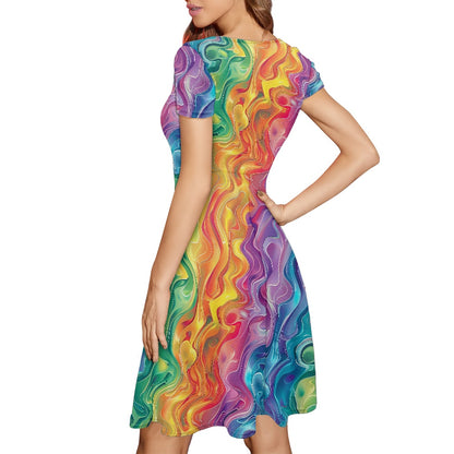 Women Scoop Neck Short Sleeve Ruffle Dress