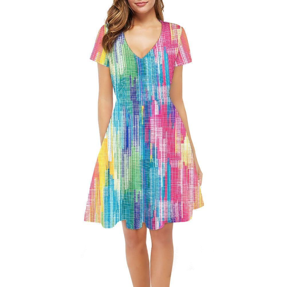 Rainbow Glitch Women V-Neck Short Sleeve Ruffle Dress