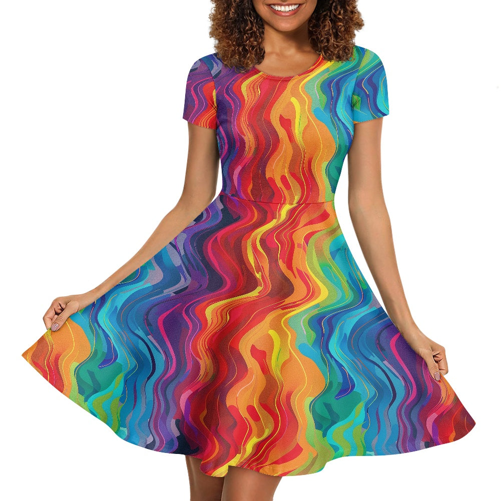 Women Scoop Neck Short Sleeve Ruffle Dress