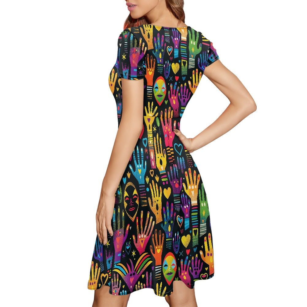 Women Scoop Neck Short Sleeve Ruffle Dress