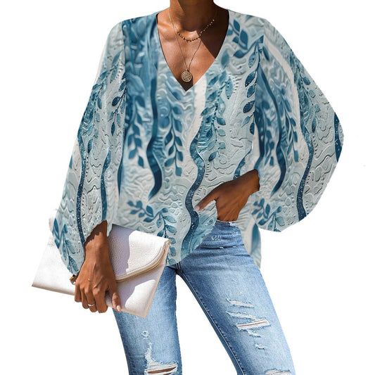 V-Neck Chiffon Puff Sleeve Blouse by Luxtrini 4XL