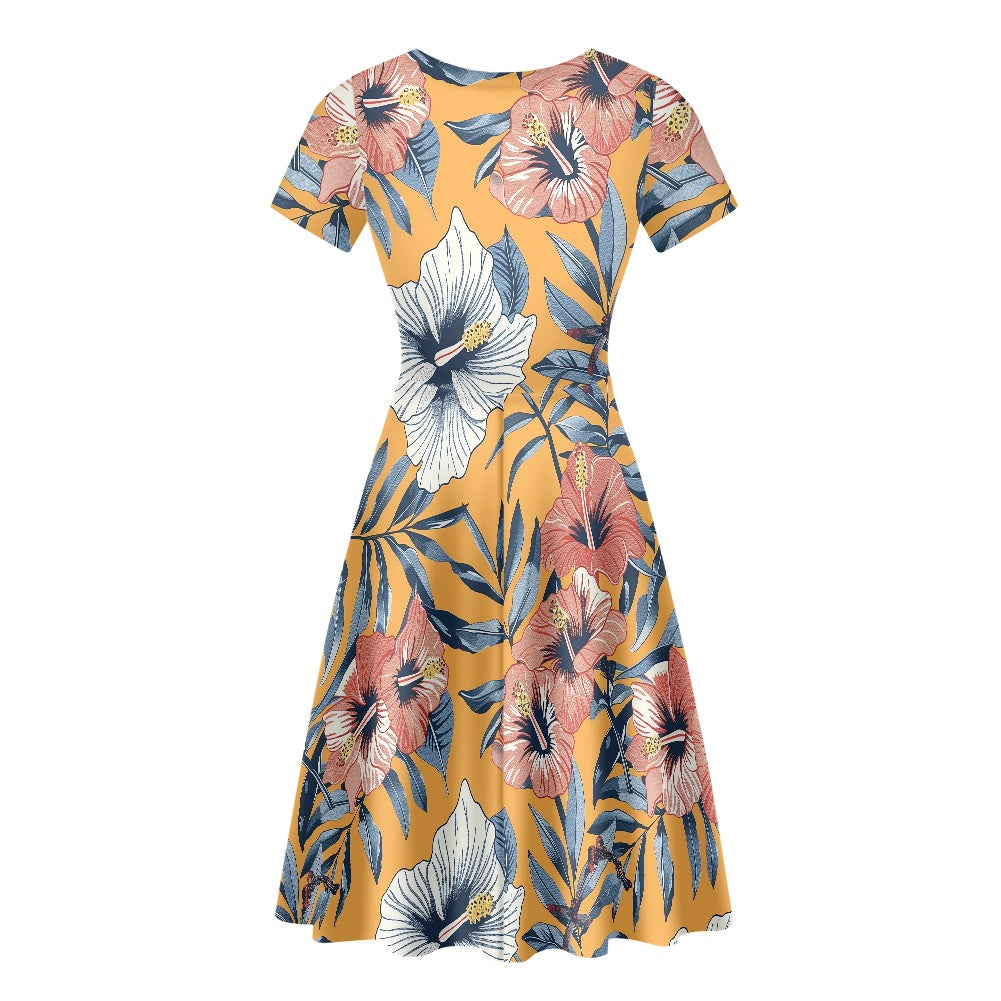 Women Scoop Neck Short Sleeve Ruffle Dress