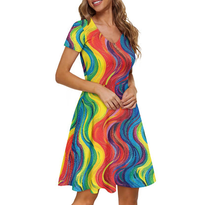Rainbow Women V-Neck Short Sleeve Ruffle Dress