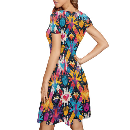Women Scoop Neck Short Sleeve Ruffle Dress