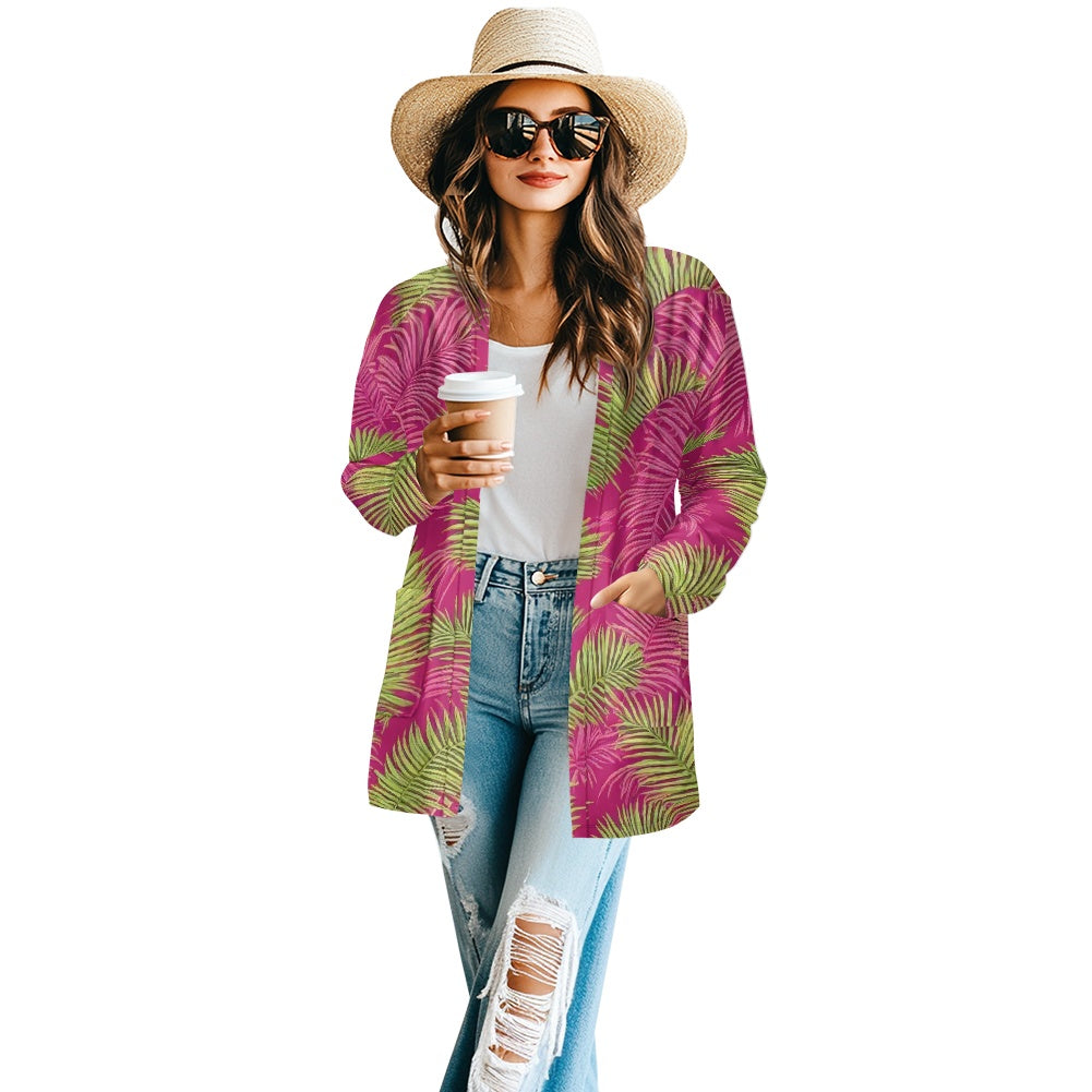 Tropical Palm Leaf Cardigan – Lightweight Stretch Knit Open Front Jacket for Women | Eco-Friendly Resortwear Layer white