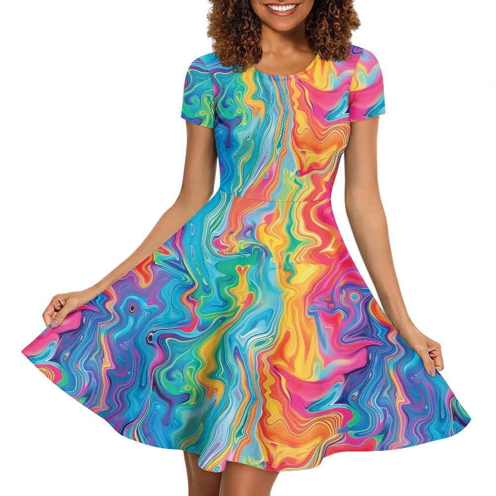 Women Scoop Neck Short Sleeve Ruffle Dress