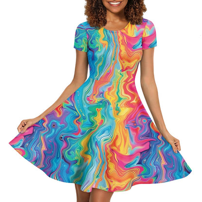 Women Scoop Neck Short Sleeve Ruffle Dress