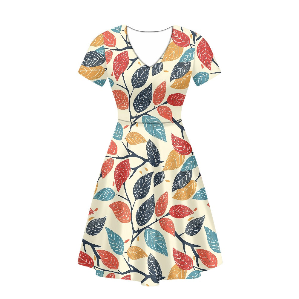 Colored Leaves Women V-Neck Short Sleeve Ruffle Dress white