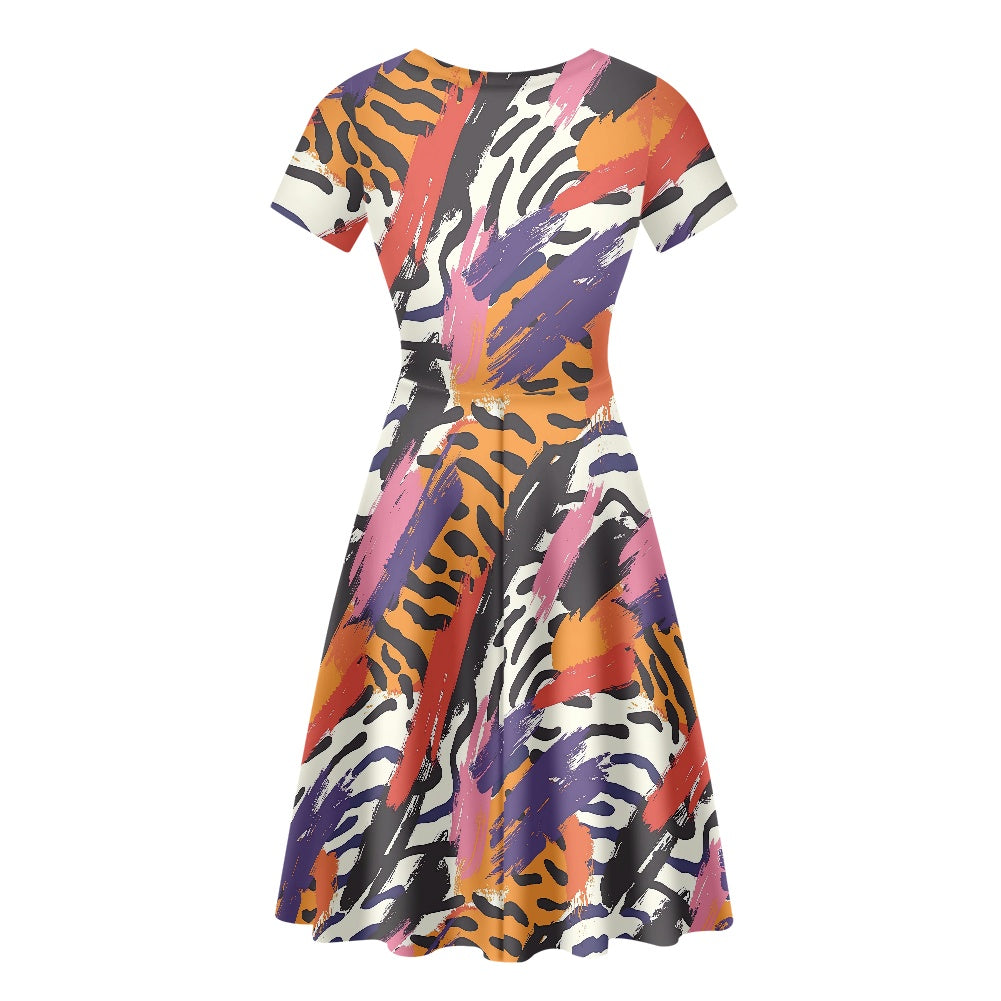 Animal Print Multicolor Women Scoop Neck Short Sleeve Ruffle Dress