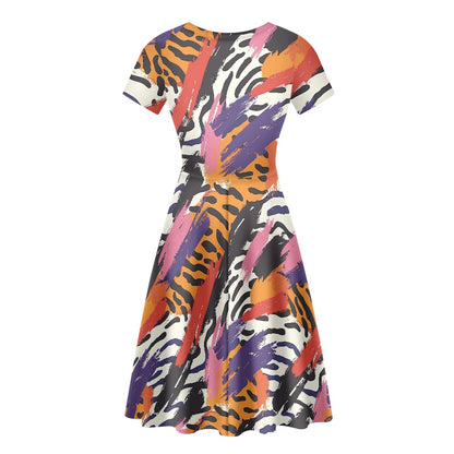 Animal Print Multicolor Women Scoop Neck Short Sleeve Ruffle Dress