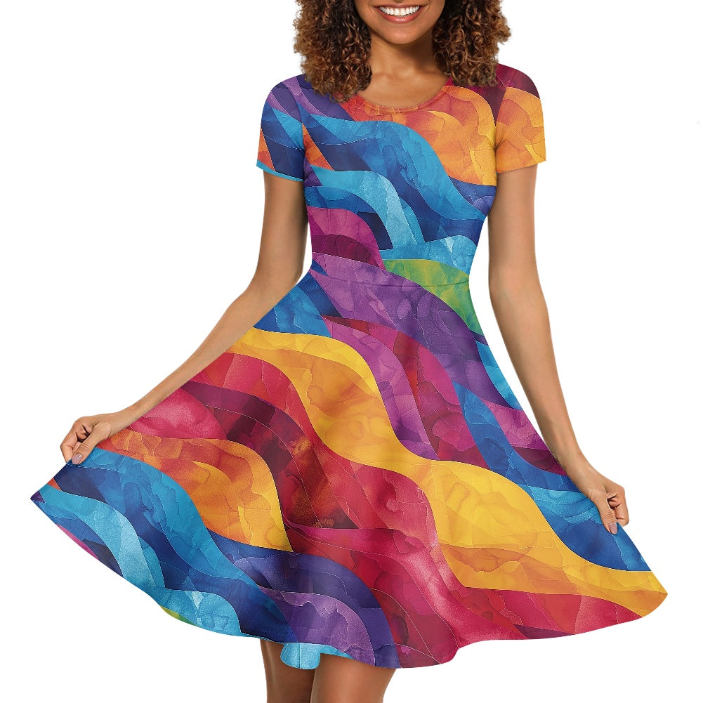 Women Scoop Neck Short Sleeve Ruffle Dress