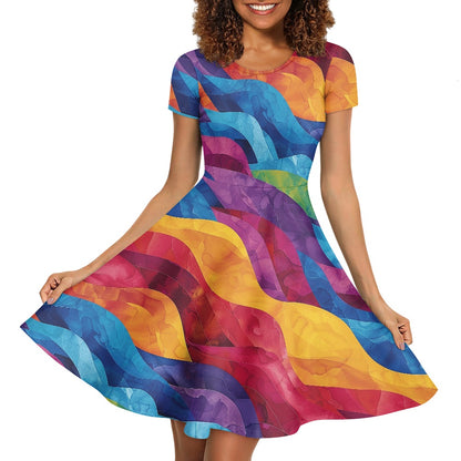Women Scoop Neck Short Sleeve Ruffle Dress