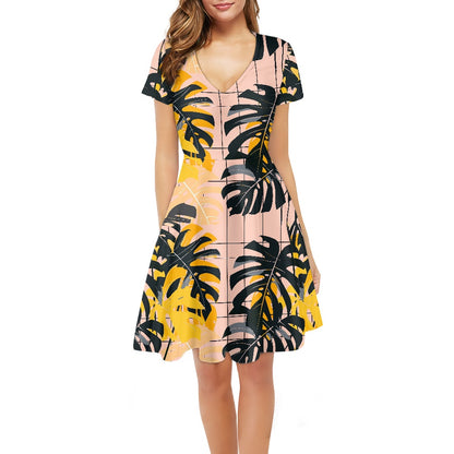 Tropical Monstera Women V-Neck Short Sleeve Ruffle Dress