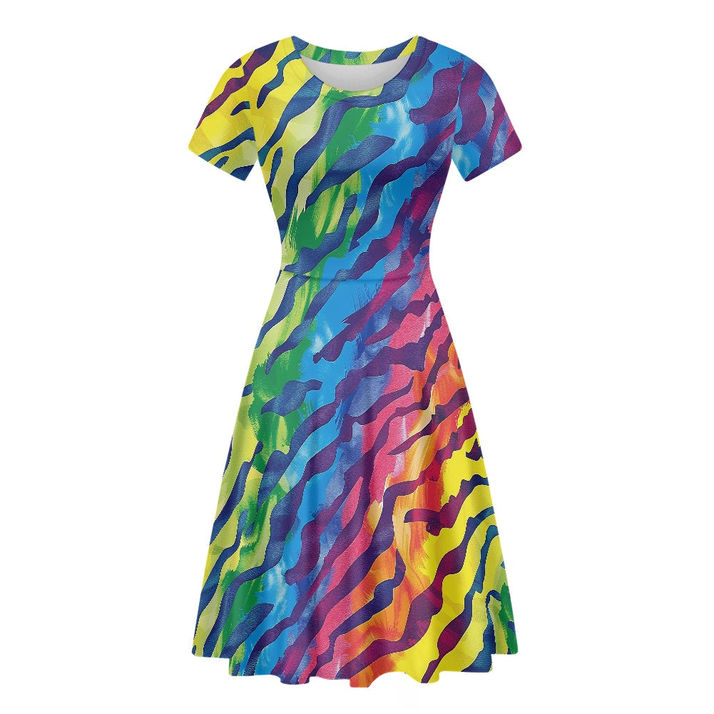 Luxtrini Rainbow Animal Print Womens Scoop Neck Short Sleeve Ruffle Dress - Vibrant, Custom Handmade, Perfect for All Occasions