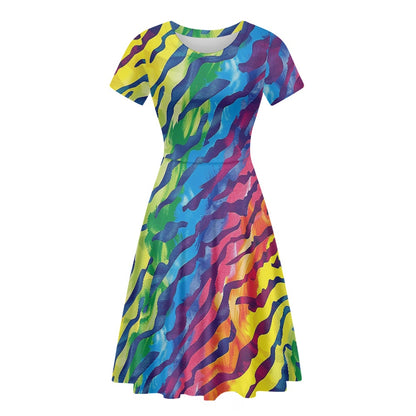 Luxtrini Rainbow Animal Print Womens Scoop Neck Short Sleeve Ruffle Dress - Vibrant, Custom Handmade, Perfect for All Occasions