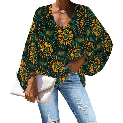 African Kente Ethnic V-Neck Chiffon Puff Sleeve Blouse by Luxtrini white