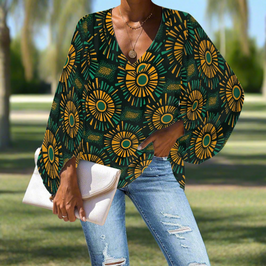 African Kente Ethnic V-Neck Chiffon Puff Sleeve Blouse by Luxtrini