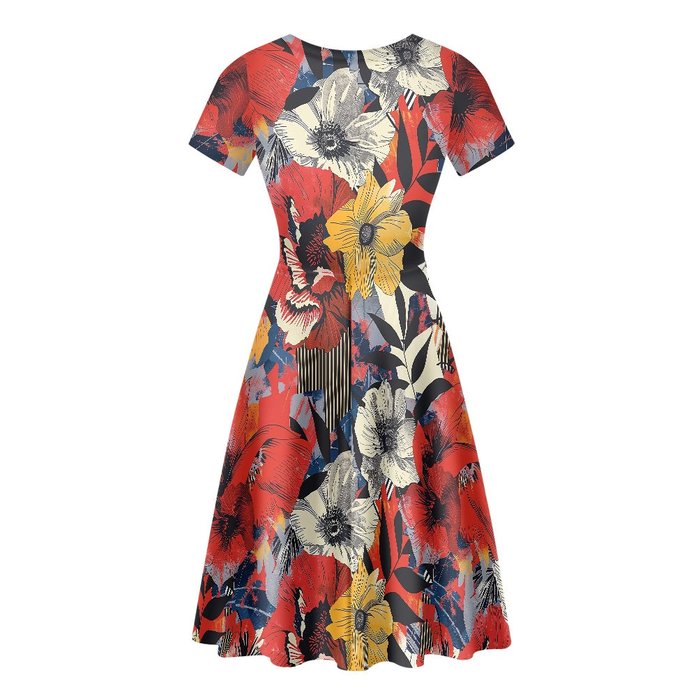 Women Scoop Neck Short Sleeve Ruffle Dress