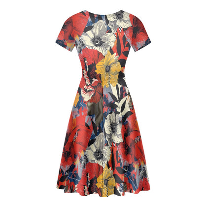 Women Scoop Neck Short Sleeve Ruffle Dress