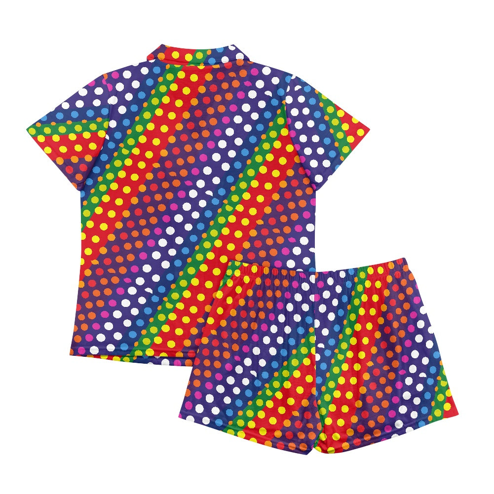 Women’s Short Sleeve Pajama Set – Rainbow Polka Dot Print with Pockets