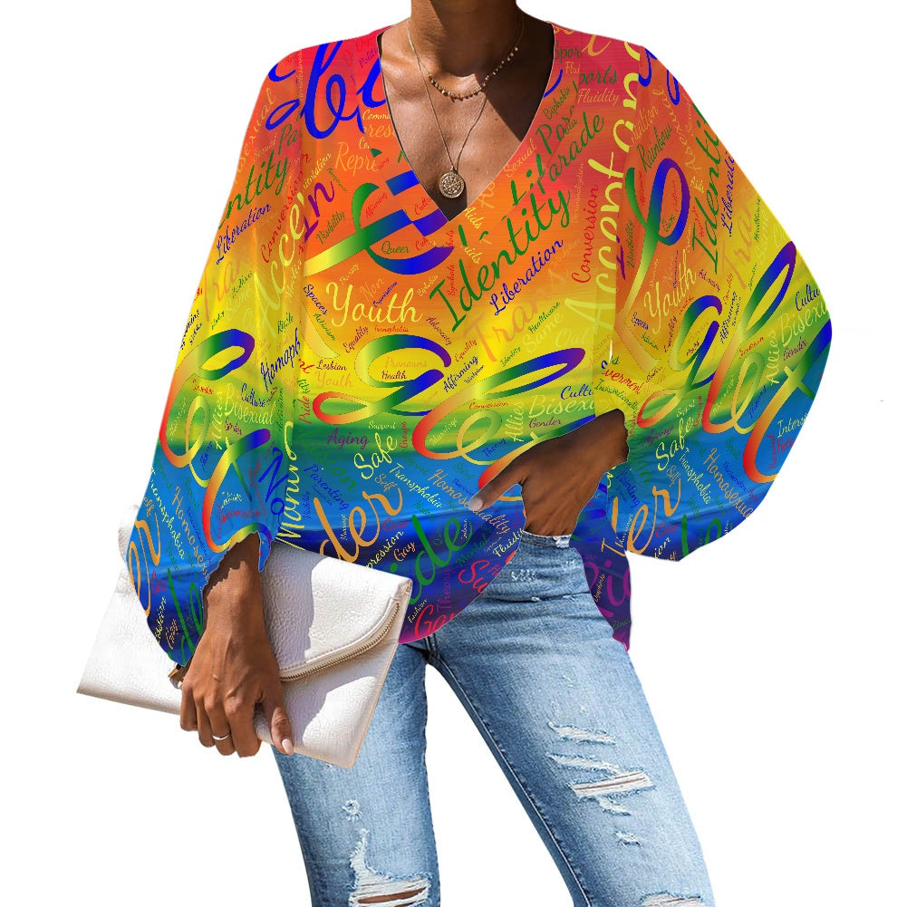 LGBTQ Word cloud V-Neck Chiffon Puff Sleeve Blouse by Luxtrini