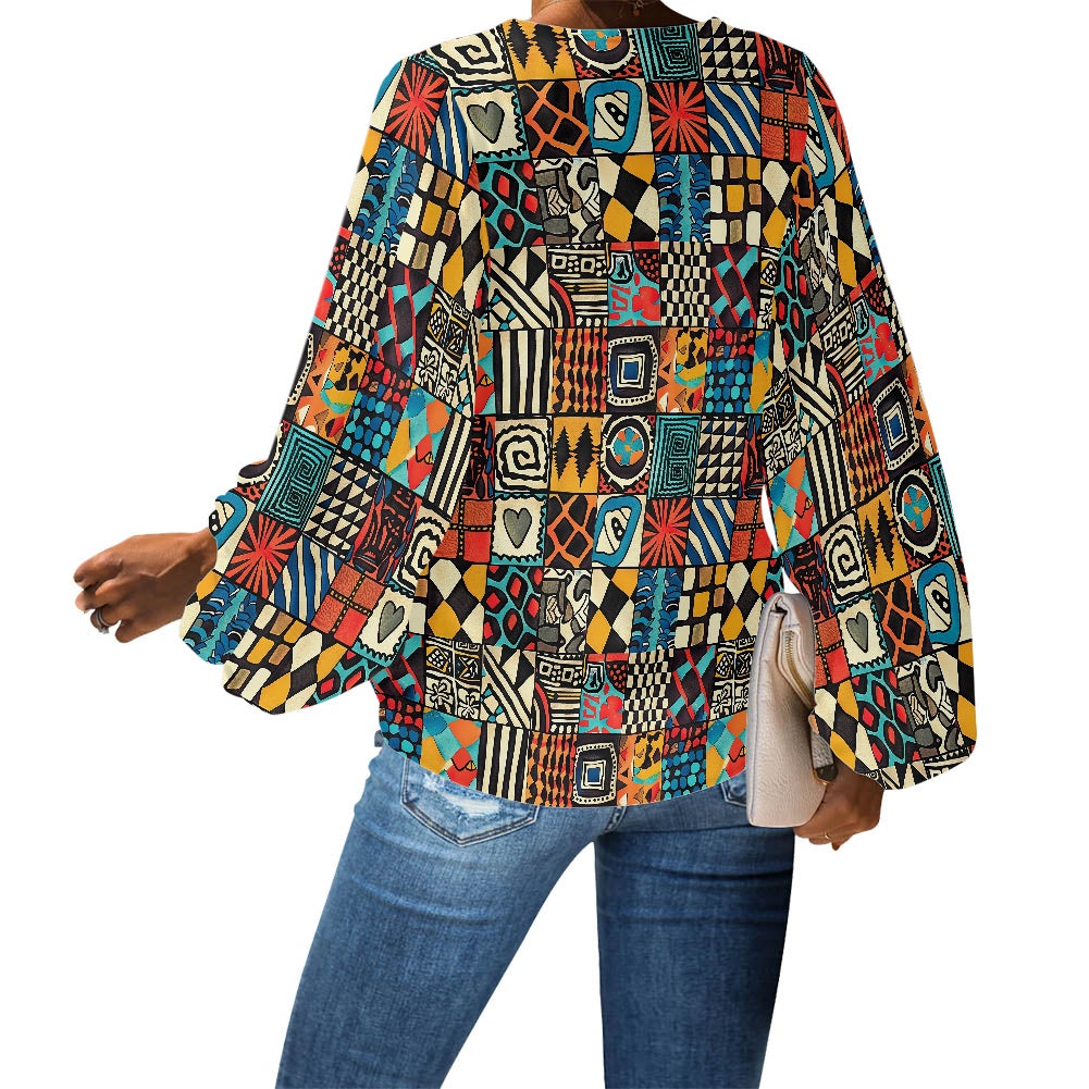 V-Neck Chiffon Puff Sleeve Blouse by Luxtrini