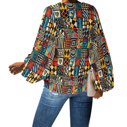 V-Neck Chiffon Puff Sleeve Blouse by Luxtrini
