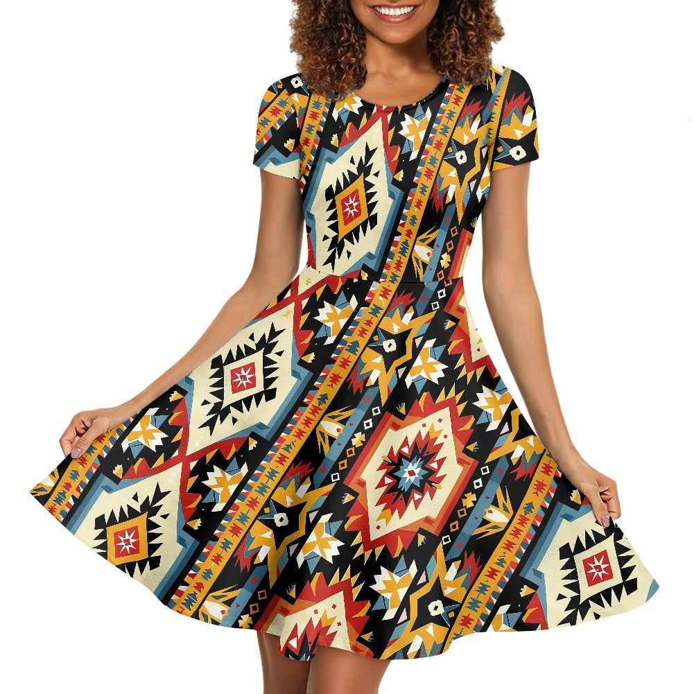 Women Scoop Neck Short Sleeve Ruffle Dress