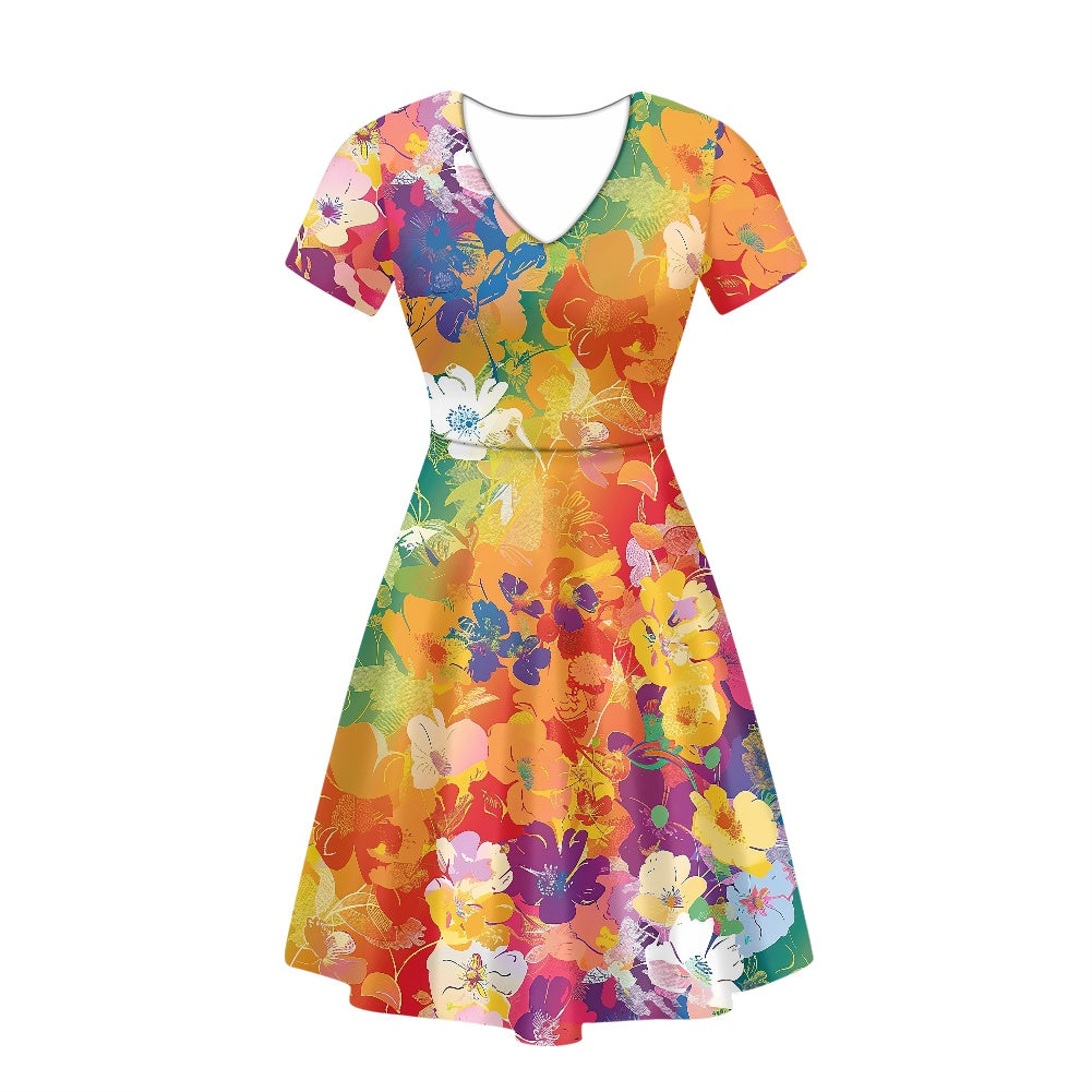 Women V-Neck Short Sleeve Ruffle Dress white
