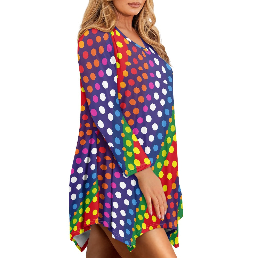 Rainbow Polka Dot Irregular V-neck top and skirt