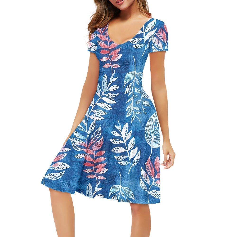 Blue Leaves Women V-Neck Short Sleeve Ruffle Dress