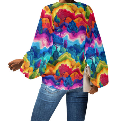 V-Neck Chiffon Puff Sleeve Blouse by Luxtrini