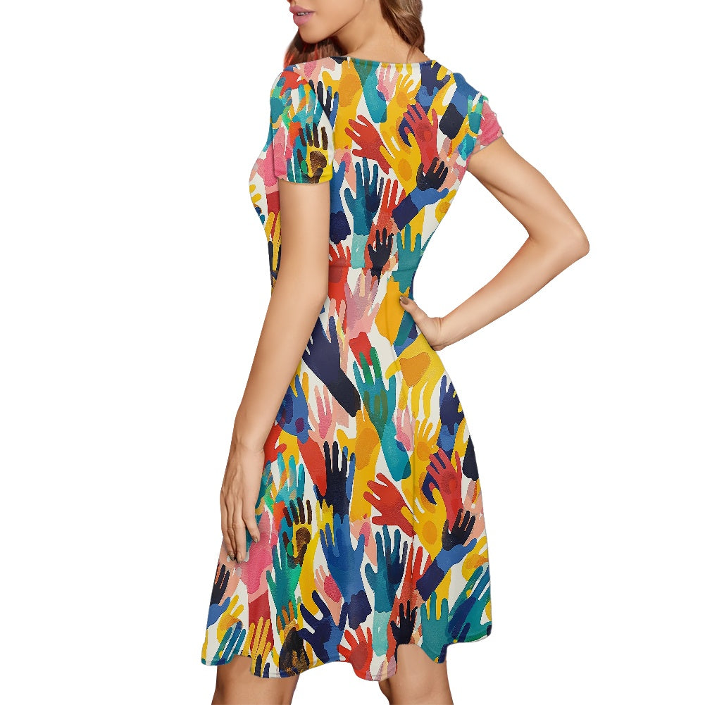 Women Scoop Neck Short Sleeve Ruffle Dress
